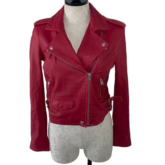 Iro Womens Jacket Size 40 Red Asheville Lamb Leather Moto Pockets Full Zip